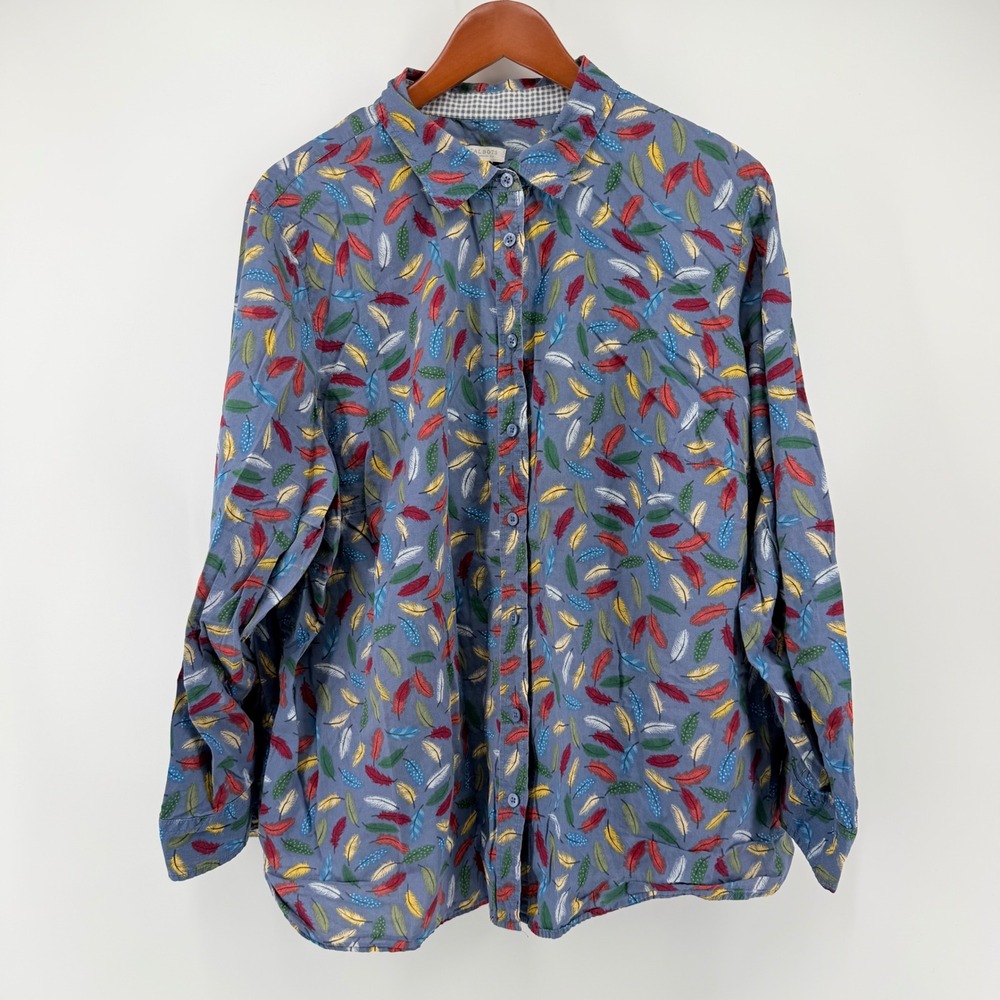 Talbots Women 3X Button Down Shirt Blue Feather Print Boho Classic